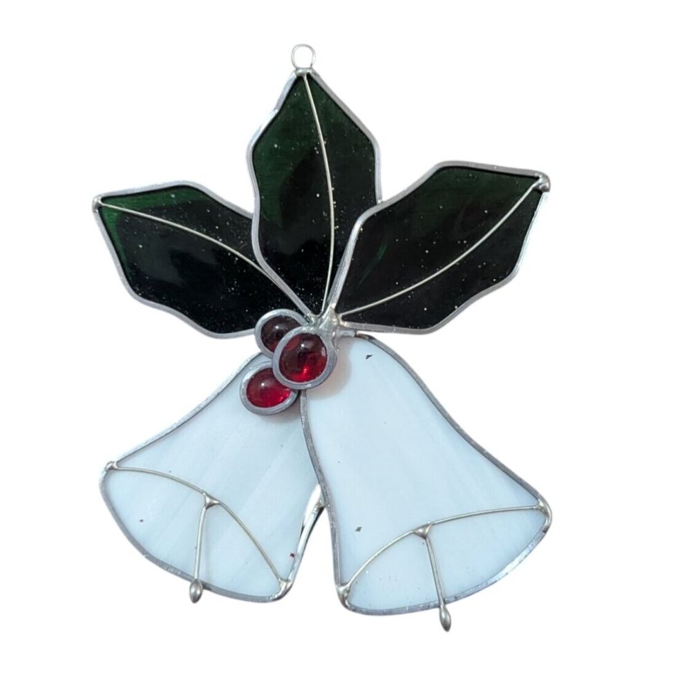 Stained Glass Holly & Bells Ornament White Green Red‎ Holiday Décor Handcrafted